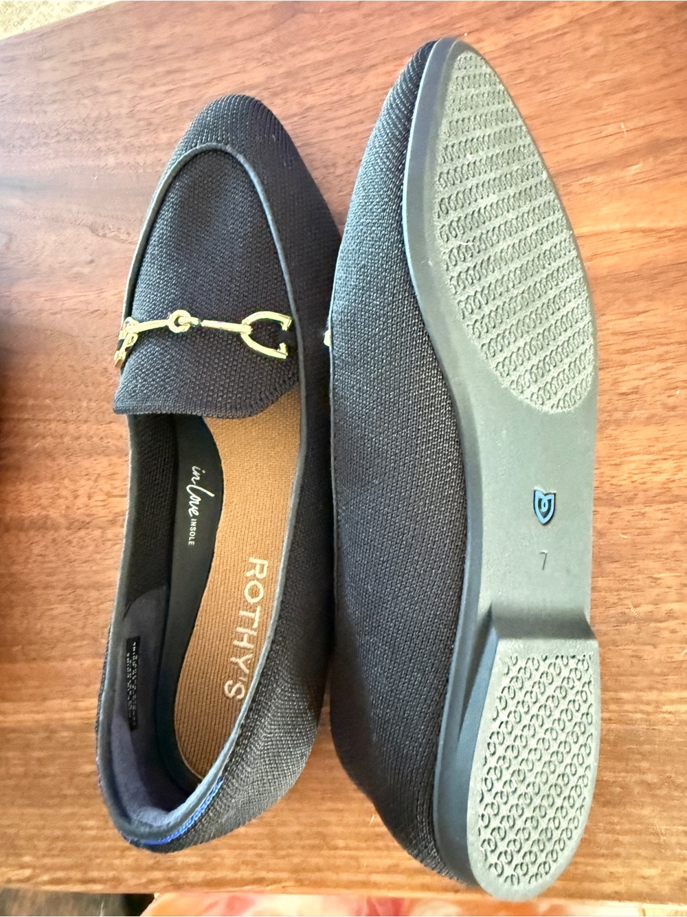 Rothy's Black Knit Loafers with Gold Bit Accent